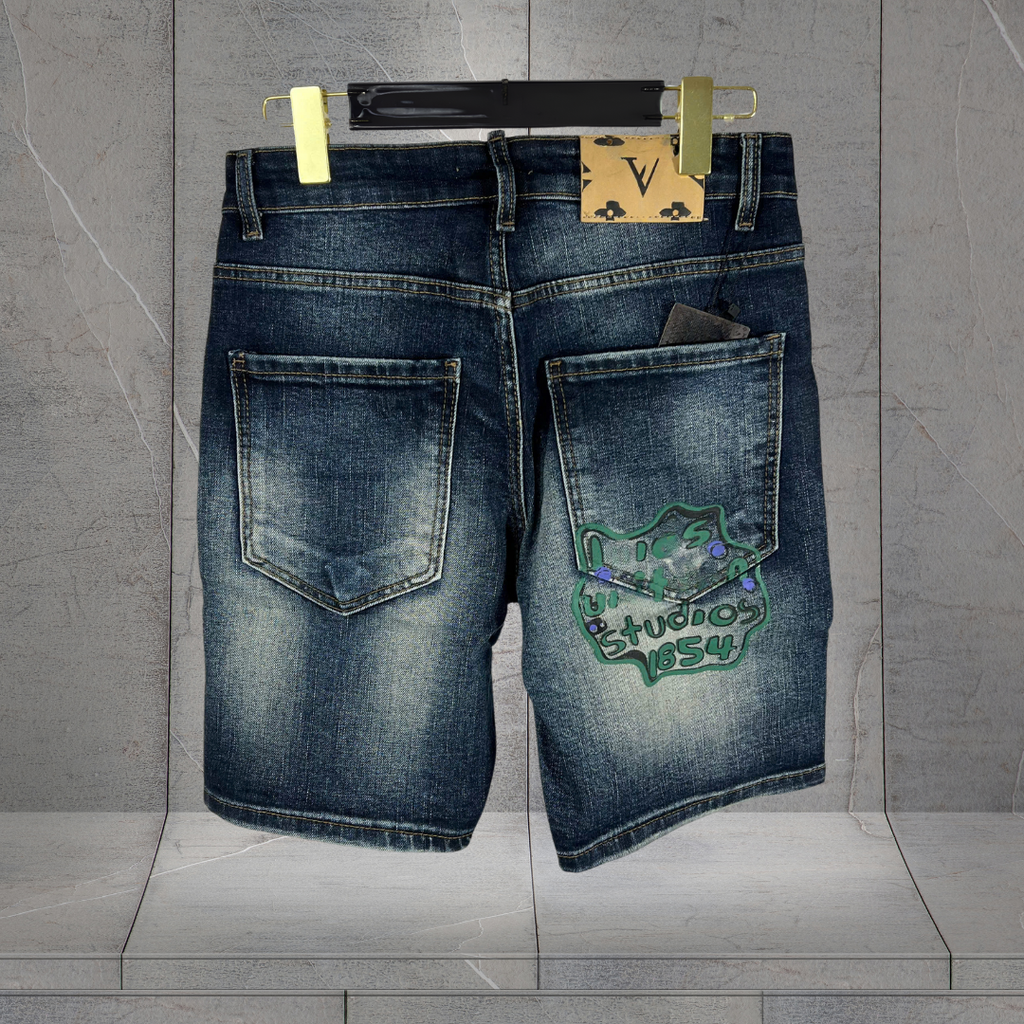 Quần Short Jean Nam KJ6016 - Wash Xanh Đậm, Họa Tiết Logo Cực Chất 